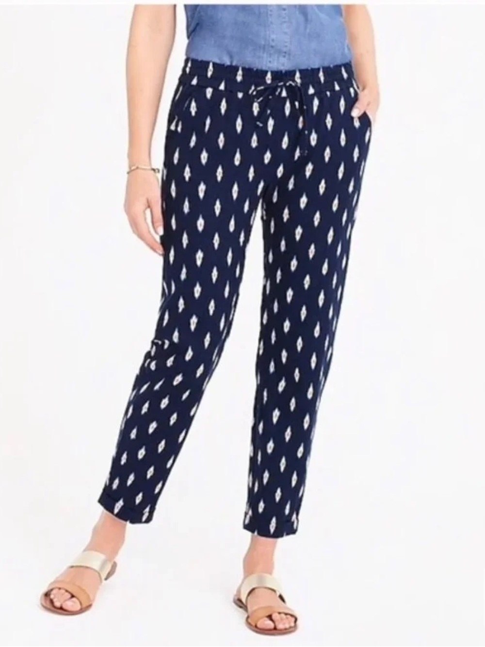 J. Crew Factory Linen Cotton Drawstring Ikat Pants navy blue size 2